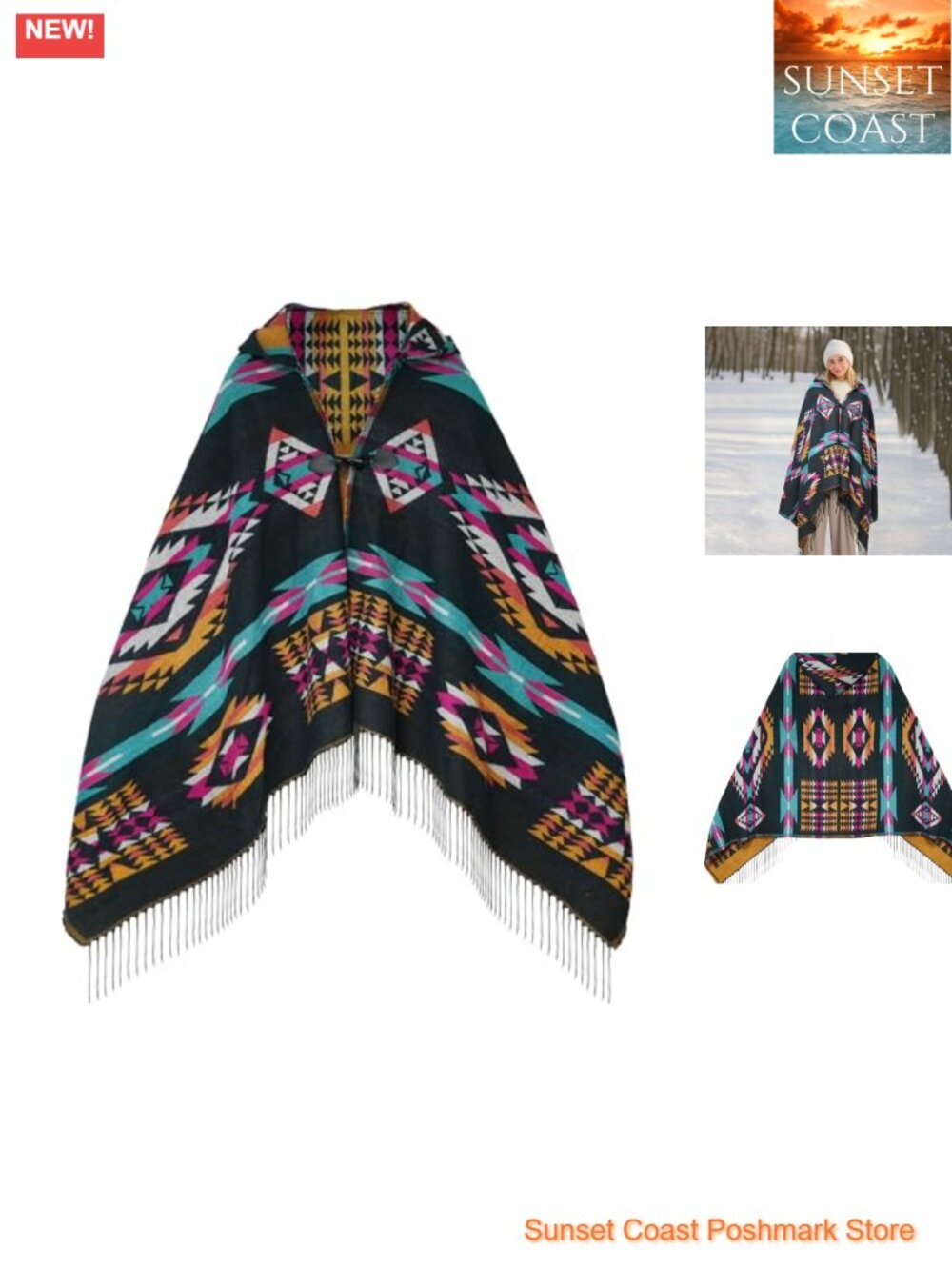Boho Fringe Poncho Wrap Shawl Vintage Patterned Loose